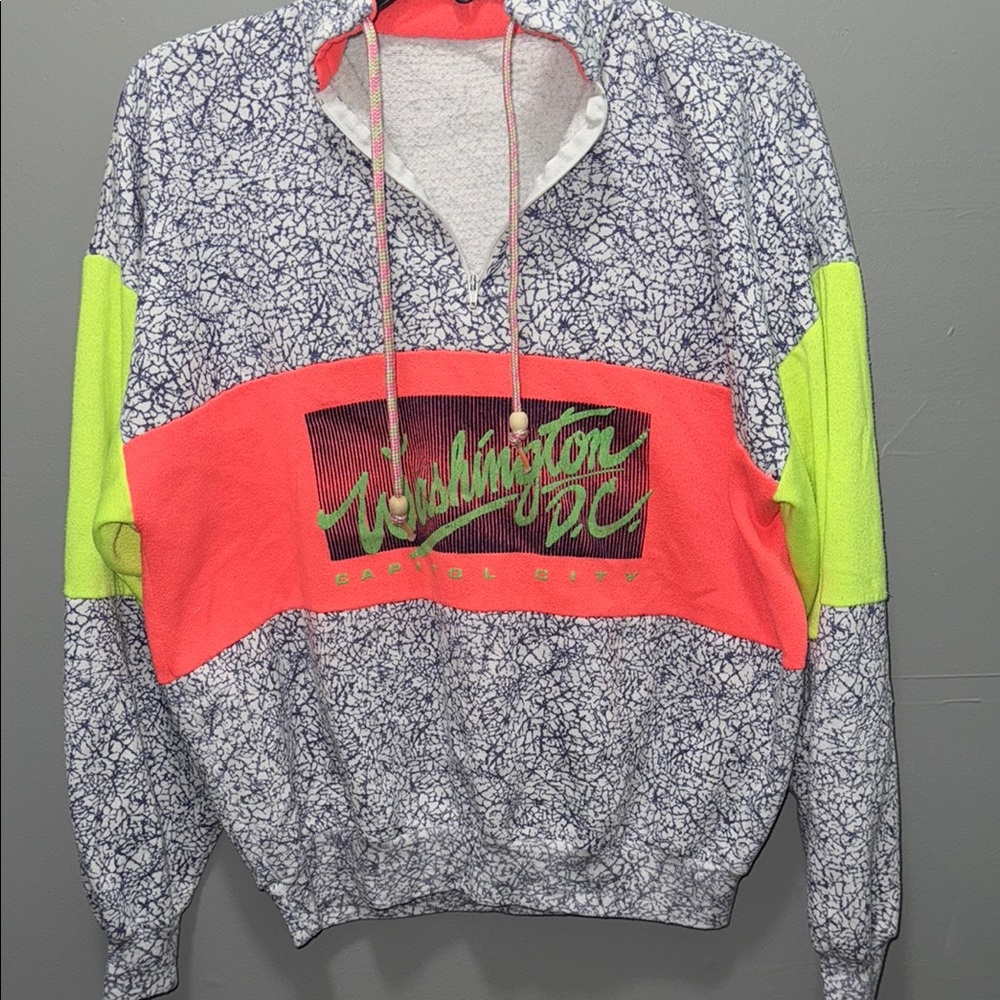 Vintage 80s 90s Washington D.C. Neon Colorblock Quarter Zip Pullover Sweatshirt - Picture 3 of 6